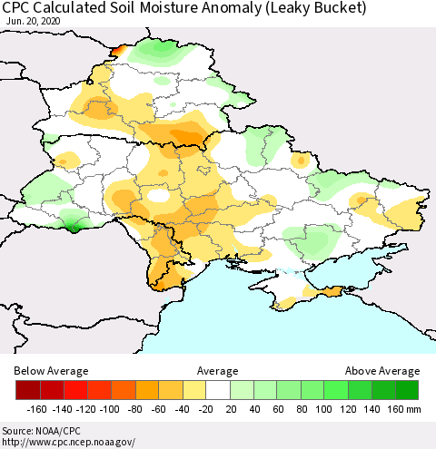 Ukraine, Moldova and Belarus CPC Soil Moisture Departure from Normal (Leaky Bucket) Thematic Map For 6/16/2020 - 6/20/2020