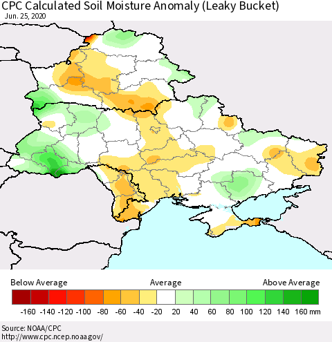 Ukraine, Moldova and Belarus CPC Calculated Soil Moisture Anomaly (Leaky Bucket) Thematic Map For 6/21/2020 - 6/25/2020