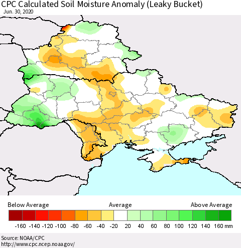 Ukraine, Moldova and Belarus CPC Calculated Soil Moisture Anomaly (Leaky Bucket) Thematic Map For 6/26/2020 - 6/30/2020