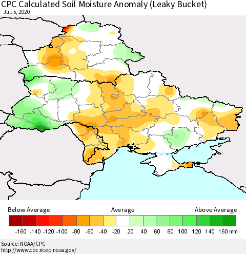 Ukraine, Moldova and Belarus CPC Calculated Soil Moisture Anomaly (Leaky Bucket) Thematic Map For 7/1/2020 - 7/5/2020