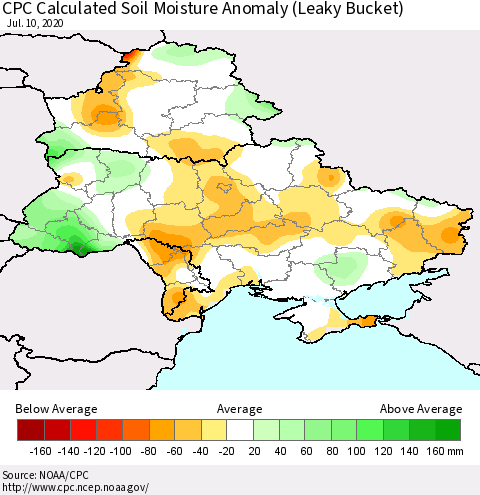 Ukraine, Moldova and Belarus CPC Calculated Soil Moisture Anomaly (Leaky Bucket) Thematic Map For 7/6/2020 - 7/10/2020