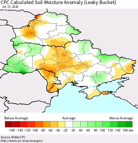 Ukraine, Moldova and Belarus CPC Soil Moisture Departure from Normal (Leaky Bucket) Thematic Map For 7/11/2020 - 7/15/2020