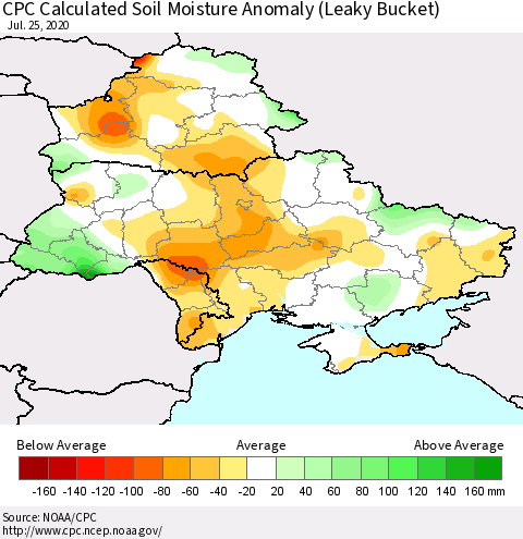 Ukraine, Moldova and Belarus CPC Soil Moisture Departure from Normal (Leaky Bucket) Thematic Map For 7/21/2020 - 7/25/2020