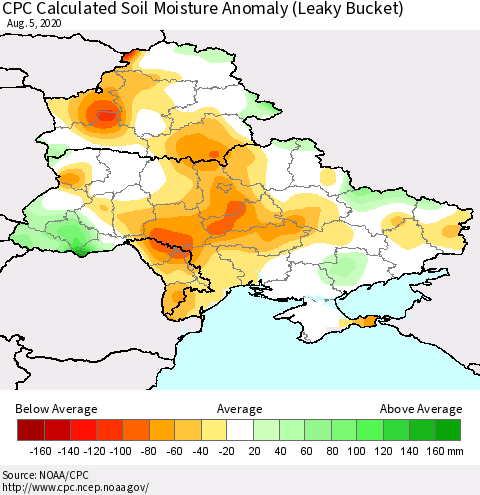 Ukraine, Moldova and Belarus CPC Soil Moisture Departure from Normal (Leaky Bucket) Thematic Map For 8/1/2020 - 8/5/2020