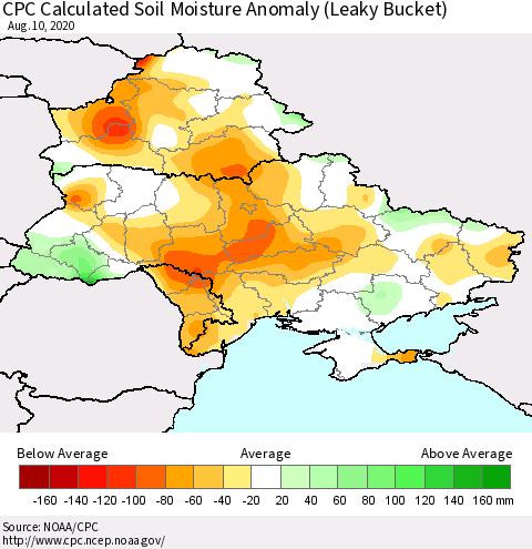 Ukraine, Moldova and Belarus CPC Soil Moisture Departure from Normal (Leaky Bucket) Thematic Map For 8/6/2020 - 8/10/2020