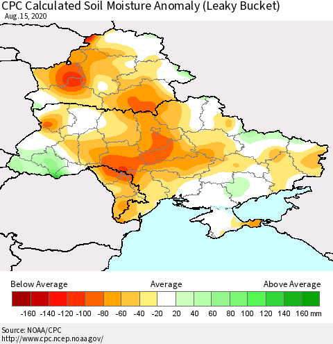 Ukraine, Moldova and Belarus CPC Soil Moisture Departure from Normal (Leaky Bucket) Thematic Map For 8/11/2020 - 8/15/2020