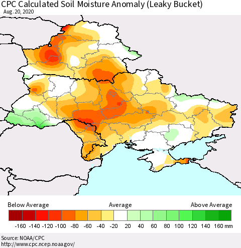 Ukraine, Moldova and Belarus CPC Calculated Soil Moisture Anomaly (Leaky Bucket) Thematic Map For 8/16/2020 - 8/20/2020