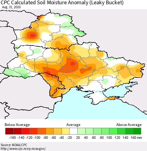 Ukraine, Moldova and Belarus CPC Calculated Soil Moisture Anomaly (Leaky Bucket) Thematic Map For 8/26/2020 - 8/31/2020