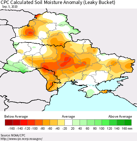 Ukraine, Moldova and Belarus CPC Calculated Soil Moisture Anomaly (Leaky Bucket) Thematic Map For 9/1/2020 - 9/5/2020