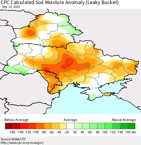 Ukraine, Moldova and Belarus CPC Calculated Soil Moisture Anomaly (Leaky Bucket) Thematic Map For 9/6/2020 - 9/10/2020