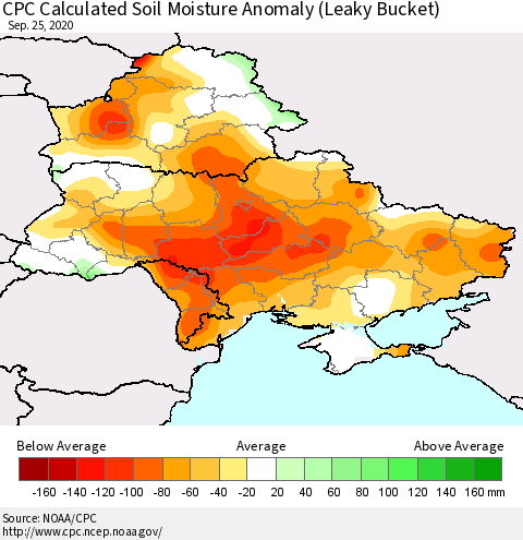 Ukraine, Moldova and Belarus CPC Calculated Soil Moisture Anomaly (Leaky Bucket) Thematic Map For 9/21/2020 - 9/25/2020