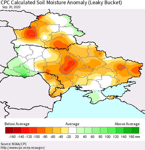 Ukraine, Moldova and Belarus CPC Calculated Soil Moisture Anomaly (Leaky Bucket) Thematic Map For 9/26/2020 - 9/30/2020