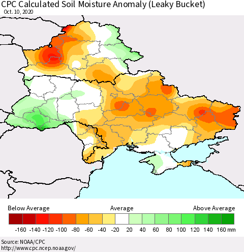 Ukraine, Moldova and Belarus CPC Calculated Soil Moisture Anomaly (Leaky Bucket) Thematic Map For 10/6/2020 - 10/10/2020