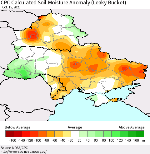 Ukraine, Moldova and Belarus CPC Calculated Soil Moisture Anomaly (Leaky Bucket) Thematic Map For 10/11/2020 - 10/15/2020
