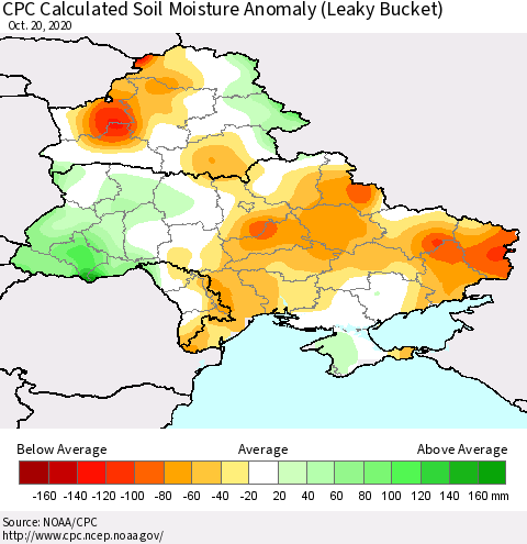 Ukraine, Moldova and Belarus CPC Calculated Soil Moisture Anomaly (Leaky Bucket) Thematic Map For 10/16/2020 - 10/20/2020