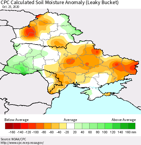 Ukraine, Moldova and Belarus CPC Calculated Soil Moisture Anomaly (Leaky Bucket) Thematic Map For 10/21/2020 - 10/25/2020