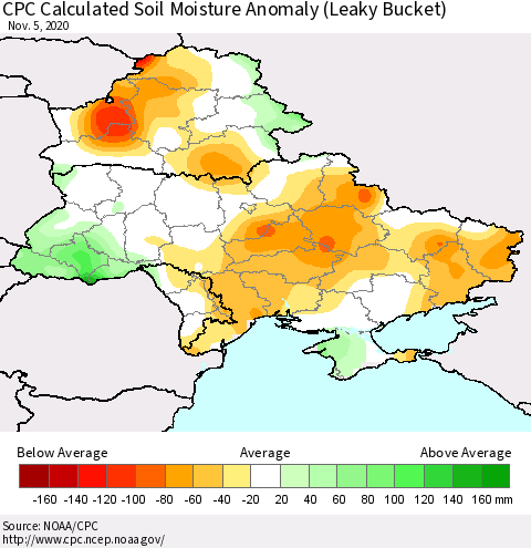 Ukraine, Moldova and Belarus CPC Calculated Soil Moisture Anomaly (Leaky Bucket) Thematic Map For 11/1/2020 - 11/5/2020