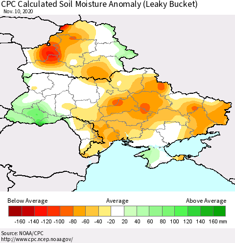 Ukraine, Moldova and Belarus CPC Calculated Soil Moisture Anomaly (Leaky Bucket) Thematic Map For 11/6/2020 - 11/10/2020