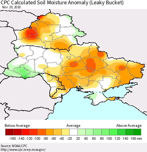 Ukraine, Moldova and Belarus CPC Calculated Soil Moisture Anomaly (Leaky Bucket) Thematic Map For 11/16/2020 - 11/20/2020