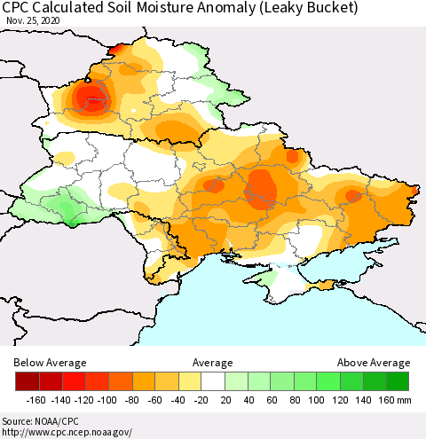 Ukraine, Moldova and Belarus CPC Soil Moisture Departure from Normal (Leaky Bucket) Thematic Map For 11/21/2020 - 11/25/2020