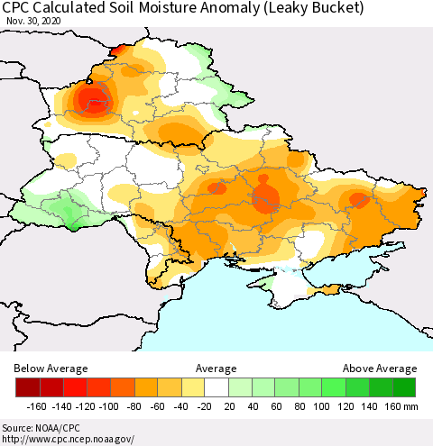 Ukraine, Moldova and Belarus CPC Calculated Soil Moisture Anomaly (Leaky Bucket) Thematic Map For 11/26/2020 - 11/30/2020