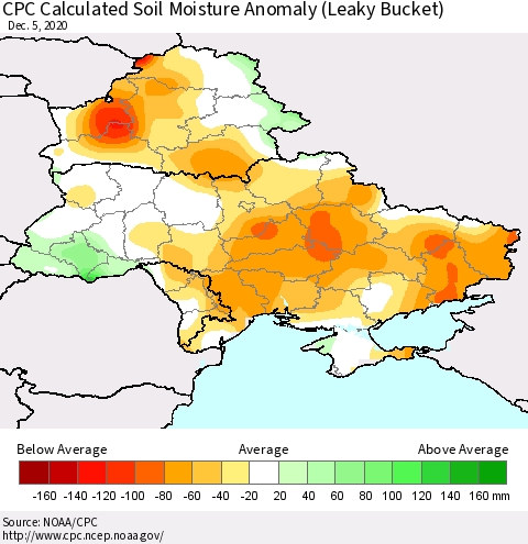 Ukraine, Moldova and Belarus CPC Soil Moisture Departure from Normal (Leaky Bucket) Thematic Map For 12/1/2020 - 12/5/2020