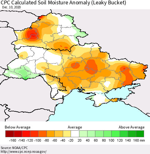 Ukraine, Moldova and Belarus CPC Calculated Soil Moisture Anomaly (Leaky Bucket) Thematic Map For 12/6/2020 - 12/10/2020