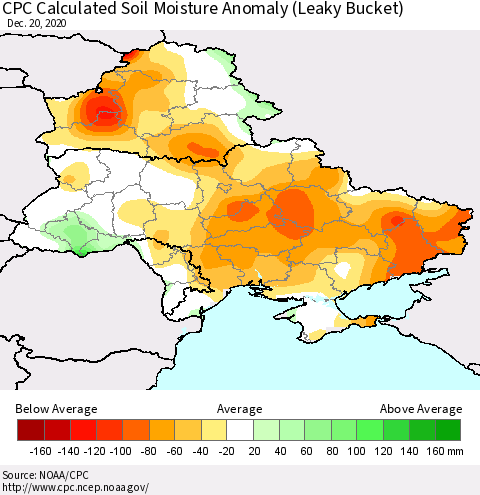 Ukraine, Moldova and Belarus CPC Calculated Soil Moisture Anomaly (Leaky Bucket) Thematic Map For 12/16/2020 - 12/20/2020
