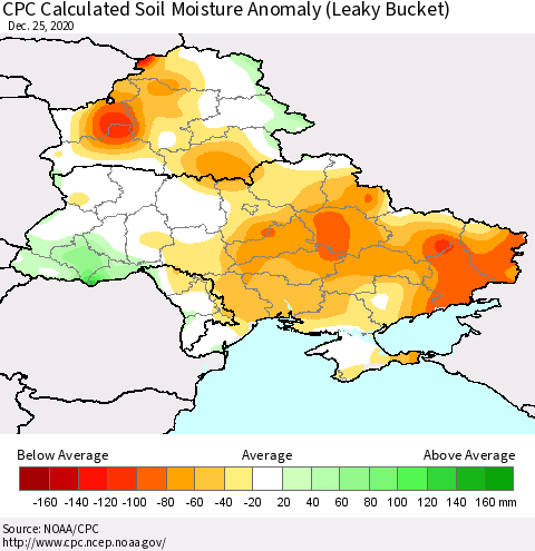 Ukraine, Moldova and Belarus CPC Calculated Soil Moisture Anomaly (Leaky Bucket) Thematic Map For 12/21/2020 - 12/25/2020