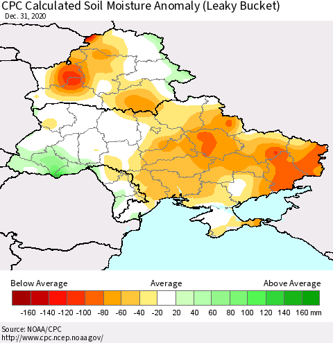 Ukraine, Moldova and Belarus CPC Soil Moisture Departure from Normal (Leaky Bucket) Thematic Map For 12/26/2020 - 12/31/2020
