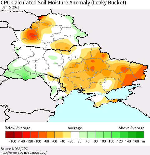 Ukraine, Moldova and Belarus CPC Calculated Soil Moisture Anomaly (Leaky Bucket) Thematic Map For 1/1/2021 - 1/5/2021