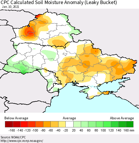 Ukraine, Moldova and Belarus CPC Calculated Soil Moisture Anomaly (Leaky Bucket) Thematic Map For 1/6/2021 - 1/10/2021