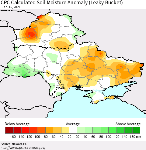 Ukraine, Moldova and Belarus CPC Calculated Soil Moisture Anomaly (Leaky Bucket) Thematic Map For 1/11/2021 - 1/15/2021