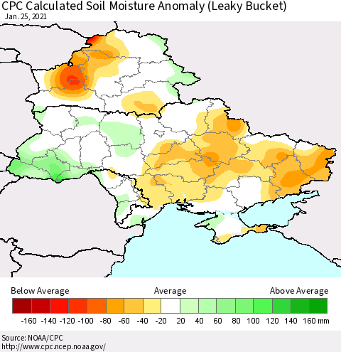 Ukraine, Moldova and Belarus CPC Calculated Soil Moisture Anomaly (Leaky Bucket) Thematic Map For 1/21/2021 - 1/25/2021