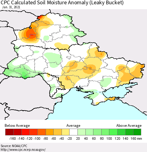 Ukraine, Moldova and Belarus CPC Calculated Soil Moisture Anomaly (Leaky Bucket) Thematic Map For 1/26/2021 - 1/31/2021