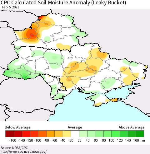 Ukraine, Moldova and Belarus CPC Calculated Soil Moisture Anomaly (Leaky Bucket) Thematic Map For 2/1/2021 - 2/5/2021