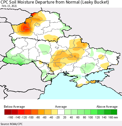 Ukraine, Moldova and Belarus CPC Calculated Soil Moisture Anomaly (Leaky Bucket) Thematic Map For 2/11/2021 - 2/15/2021