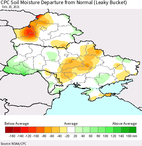 Ukraine, Moldova and Belarus CPC Soil Moisture Departure from Normal (Leaky Bucket) Thematic Map For 2/16/2021 - 2/20/2021