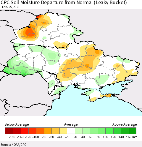 Ukraine, Moldova and Belarus CPC Calculated Soil Moisture Anomaly (Leaky Bucket) Thematic Map For 2/21/2021 - 2/25/2021