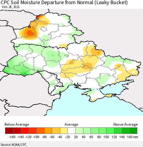 Ukraine, Moldova and Belarus CPC Calculated Soil Moisture Anomaly (Leaky Bucket) Thematic Map For 2/26/2021 - 2/28/2021