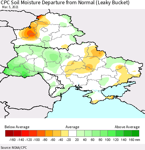 Ukraine, Moldova and Belarus CPC Calculated Soil Moisture Anomaly (Leaky Bucket) Thematic Map For 3/1/2021 - 3/5/2021