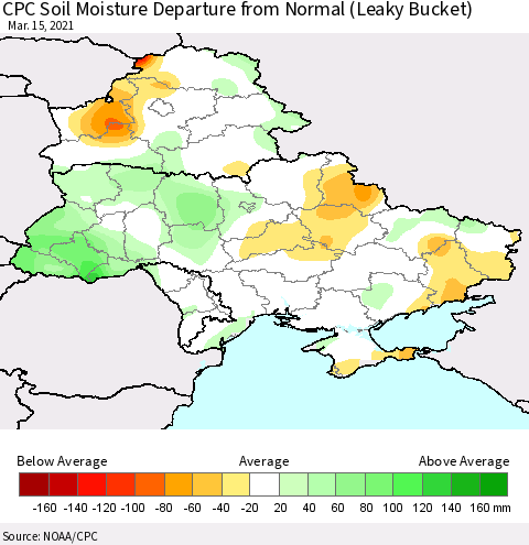 Ukraine, Moldova and Belarus CPC Calculated Soil Moisture Anomaly (Leaky Bucket) Thematic Map For 3/11/2021 - 3/15/2021