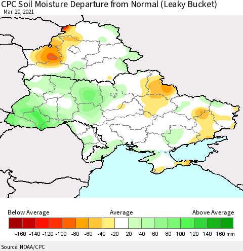 Ukraine, Moldova and Belarus CPC Soil Moisture Departure from Normal (Leaky Bucket) Thematic Map For 3/16/2021 - 3/20/2021