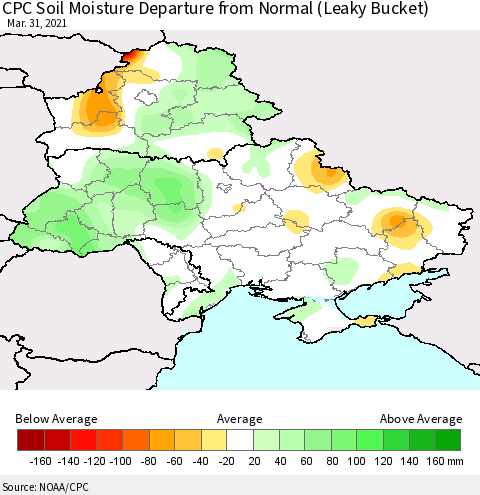 Ukraine, Moldova and Belarus CPC Calculated Soil Moisture Anomaly (Leaky Bucket) Thematic Map For 3/26/2021 - 3/31/2021