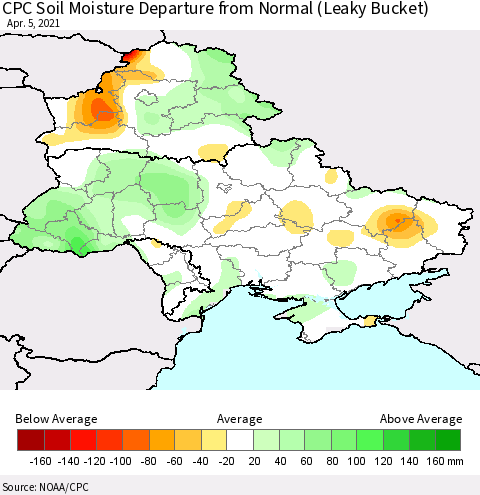 Ukraine, Moldova and Belarus CPC Soil Moisture Departure from Normal (Leaky Bucket) Thematic Map For 4/1/2021 - 4/5/2021
