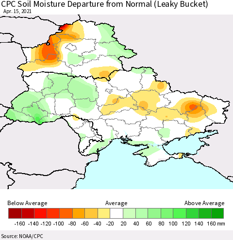 Ukraine, Moldova and Belarus CPC Soil Moisture Departure from Normal (Leaky Bucket) Thematic Map For 4/11/2021 - 4/15/2021