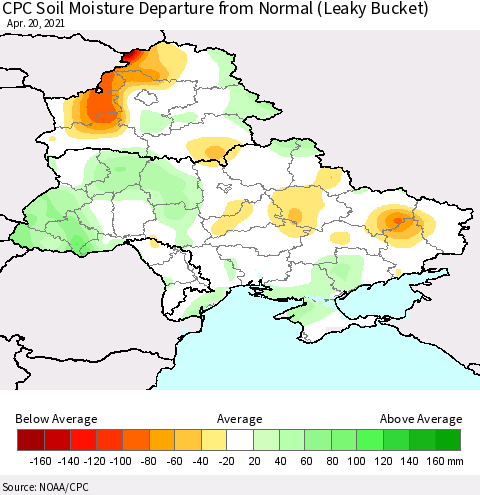 Ukraine, Moldova and Belarus CPC Soil Moisture Anomaly (Leaky Bucket) Thematic Map For 4/16/2021 - 4/20/2021