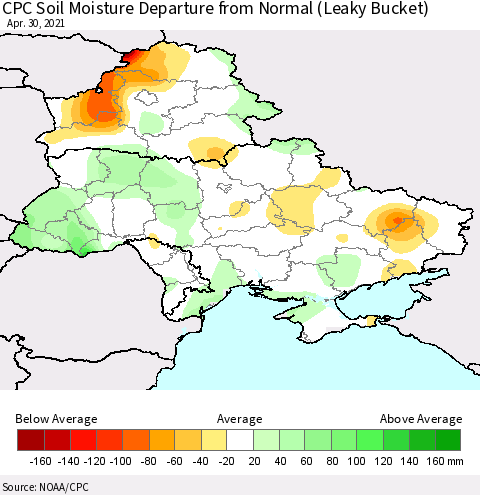Ukraine, Moldova and Belarus CPC Soil Moisture Anomaly (Leaky Bucket) Thematic Map For 4/26/2021 - 4/30/2021