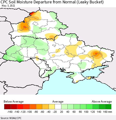 Ukraine, Moldova and Belarus CPC Soil Moisture Departure from Normal (Leaky Bucket) Thematic Map For 5/1/2021 - 5/5/2021