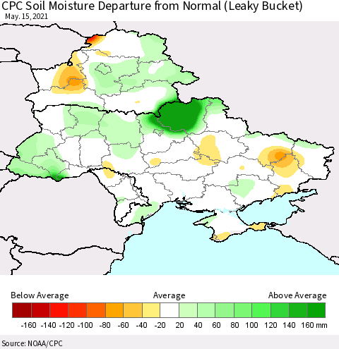 Ukraine, Moldova and Belarus CPC Calculated Soil Moisture Anomaly (Leaky Bucket) Thematic Map For 5/11/2021 - 5/15/2021